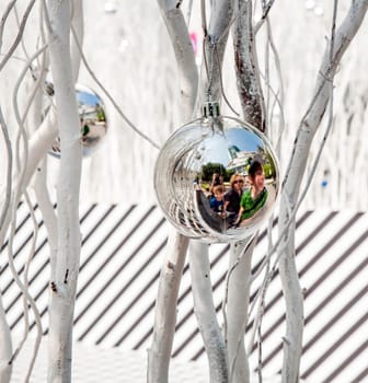 white painted branches give a harmonic background with chrismas tree balls and mirroring of a family