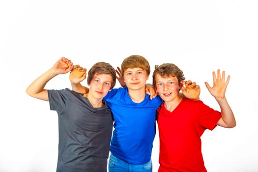 three happy joyful friends enjoy life