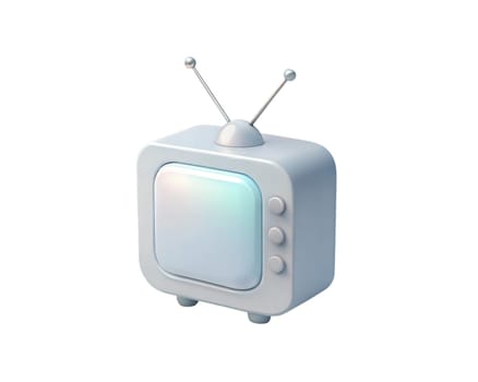 A futuristic 3D icon of a retro TV with antennae, isolated on white background, featuring a holographic effect that combines modern and nostalgic elements for digital designs.