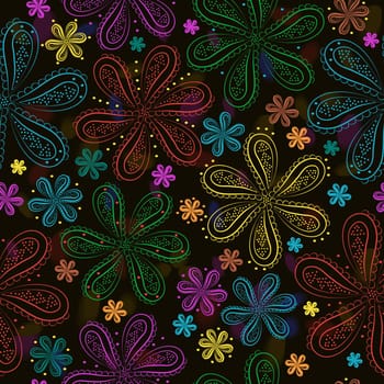 Floral seamless pattern. Watercolor dark background. Illustration. Summer night flowers