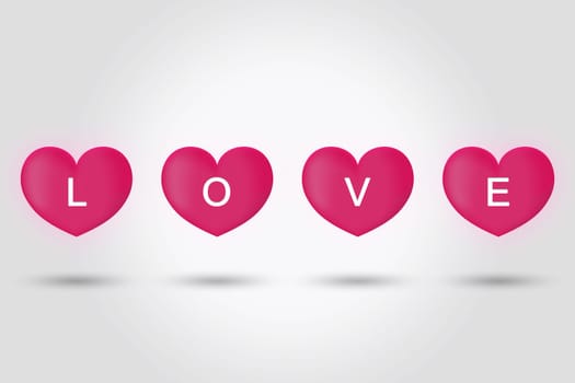 love on big pink hearts on grey background