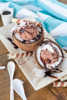 Chocolate ice cream in coconut with chocolate sauce