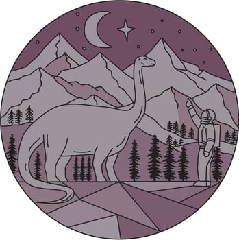 Mono line style illustration of an astronaut pointing to a brontosaurus with mountain, moon and stars in the background set inside circle.