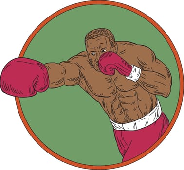 Drawing sketch style illustration of an african-american boxer doing a right hook punch set inside circle on isolated background.