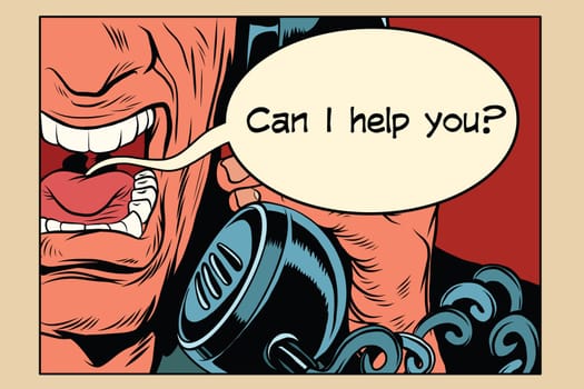 Can i help you. Angry man talking on the phone. Vintage pop art retro comic book vector illustration