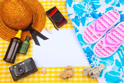 Beach Time Summer Travel Kit featuring sleepers, bikini, radio, sun lotion, lotion, hat & camera
