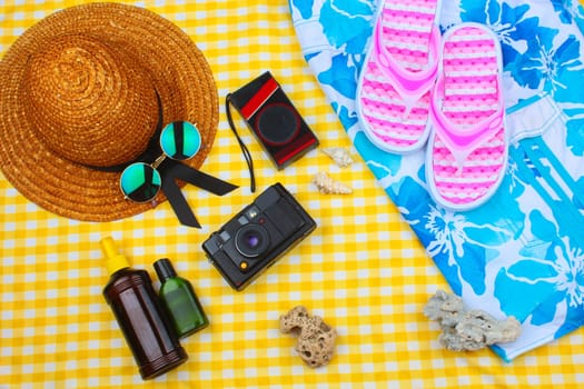 Beach Time Summer Travel Kit featuring sleepers, bikini, radio, sun lotion, lotion, hat & camera