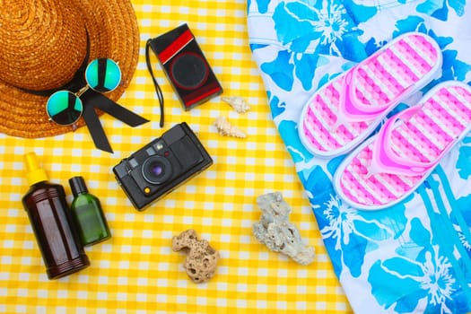 Beach Time Summer Travel Kit featuring sleepers, bikini, radio, sun lotion, lotion, hat & camera