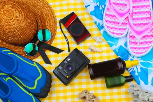 Beach Time Summer Travel Kit featuring sleepers, bikini, radio, sun lotion, lotion, hat & camera