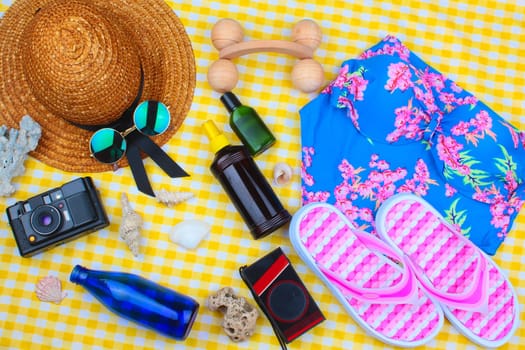 Beach Time Summer Travel Kit featuring sleepers, bikini, radio, sun lotion, lotion, hat & camera