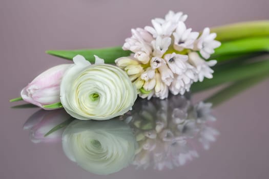 A bunch of tulip,ranunculus and hyacinth