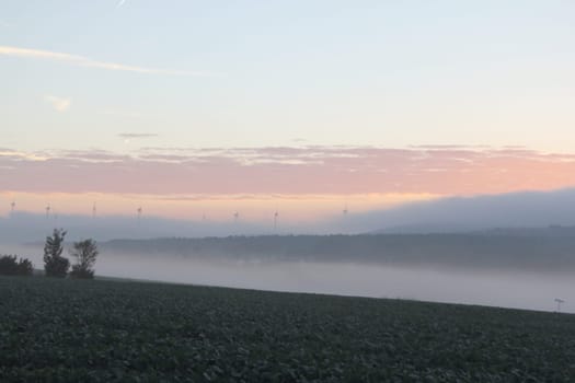 Clouds and fog,illuminated by the rising sun.