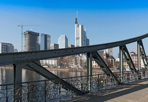 View of Frankfurt am Main skyline and Eiserner Steg bridge