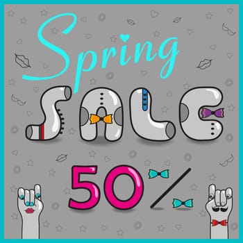 Spring Sale. Fifty percents. Card for retail. Vintage gray letters with colorful ties. Cartoon hands looking at each other. Pink numerals.  Illustration