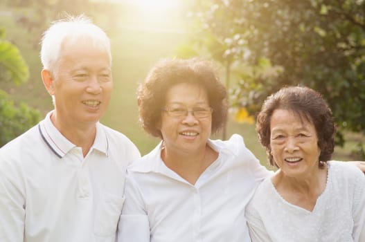 Group of healthy Asian seniors having fun at outdoor nature park, in morning beautiful sunlight at background.