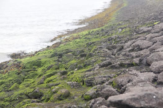 Detailed view of a dike fixed with stones on the North Sea.