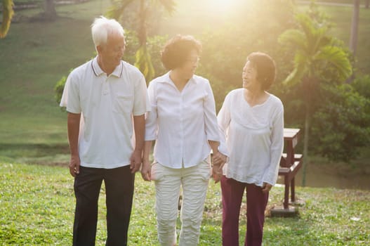 Group of healthy Asian seniors retiree walking at outdoor nature park, in morning beautiful sunlight at background.