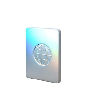 A sleek, futuristic 3D holographic icon of a passport with a globe design, isolated on white background, representing travel, global connectivity, and international identity.