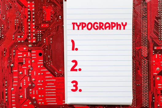 Red old dirty computer circuit board and text concept