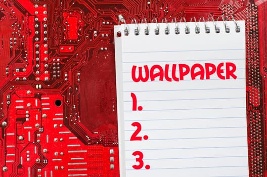 Red old dirty computer circuit board and text concept