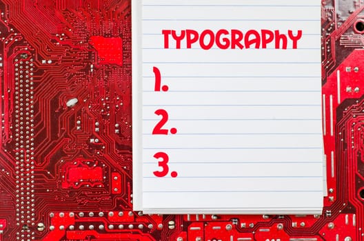 Red old dirty computer circuit board and text concept