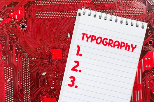 Red old dirty computer circuit board and text concept