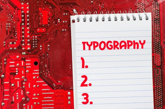 Red old dirty computer circuit board and text concept