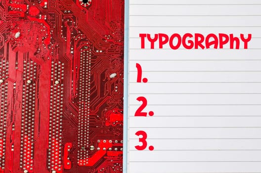 Red old dirty computer circuit board and text concept