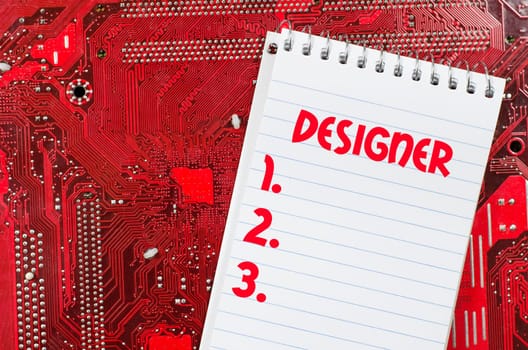 Red old dirty computer circuit board and text concept