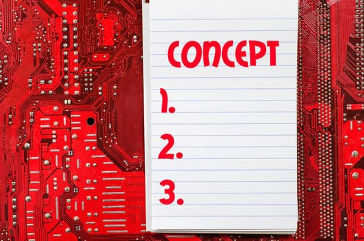 Red old dirty computer circuit board and text concept
