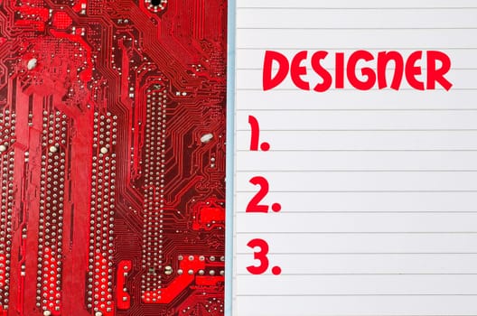 Red old dirty computer circuit board and text concept