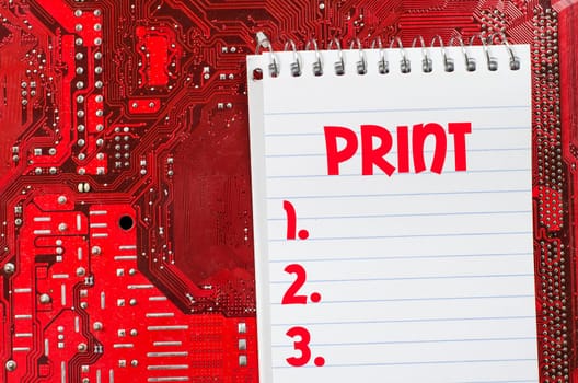 Red old dirty computer circuit board and text concept