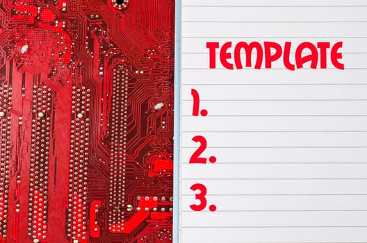 Red old dirty computer circuit board and text concept