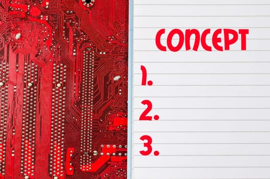 Red old dirty computer circuit board and text concept