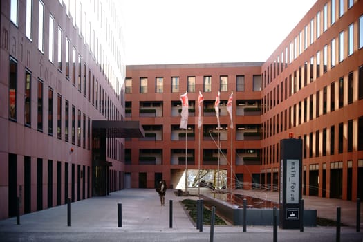 Frankfurt,Germany - January 05,2017: The entrance and forecourt of the Mainforum building complex with the headquarters of the Industriegewerkschaft Metall on January 5,2017 in Frankfurt.