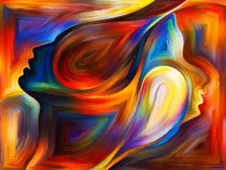 Inner Dialog series. Backdrop composed of human profiles and vivid paint shapes and suitable for use in the projects on emotions, relationships, human drama, spirituality and design