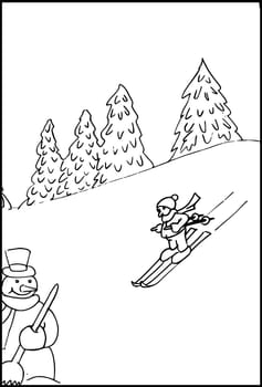 Line drawing of a winter landscape with winter sports