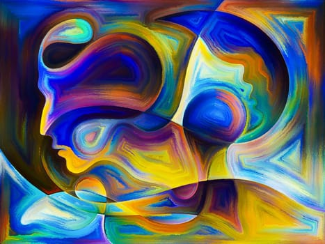 Inner Dialog series. Backdrop design of human profiles and vivid paint shapes for works on emotions, relationships, human drama, spirituality and design