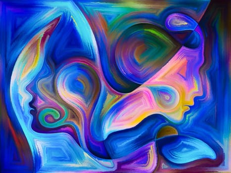 Inner Dialog series. Composition of human profiles and vivid paint shapes with metaphorical relationship to emotions, relationships, human drama, spirituality and design
