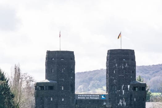 Erpel,Germany - March 27,2016:. Ruins of the Ludendorff Bridge near Erpel am Rhein in Germany.Towers of the Bridge of Remagen are located on the opposite bank of the city of Erpel am Rhein in Germany.