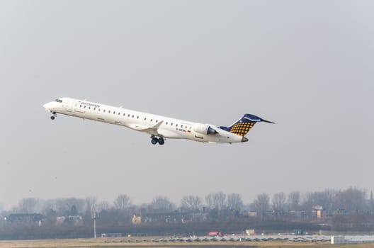 Duesseldorf,Nrw,Germany - March 18,2015: . Eurowings Canadair Regional Jet during take-off at Düsseldorf Airport.