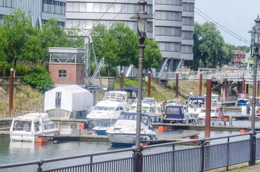 Duisburg,Nrw,Germany - August 03,2014: . View of the marina in Duisburg Germany with the modern office buildings in the background...