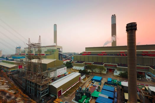 Hong Kong power station at sunset , Glow light of petrochemical industry