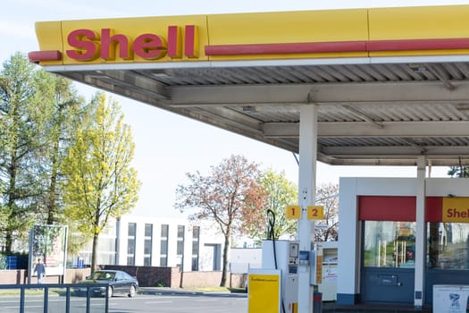 Velbert,Nrw,Germany - May 04,2016:. View of the Shell petrol station in Velbert on Langenberger Straße. In the foreground diesel pump and the access road..