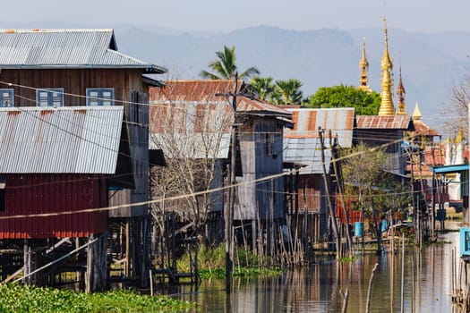 Traditional wooden stilt houses at the Inle lake, Shan state, Myanmar (Burma).