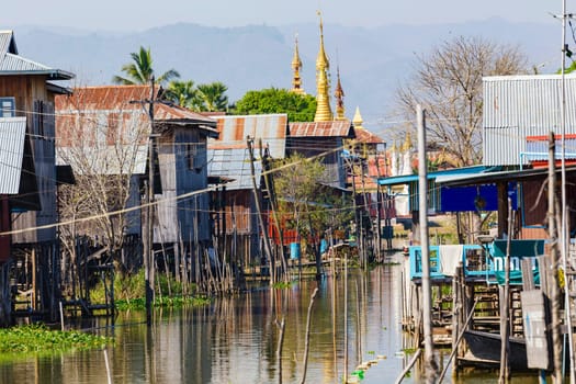 Traditional wooden stilt houses at the Inle lake, Shan state, Myanmar (Burma).