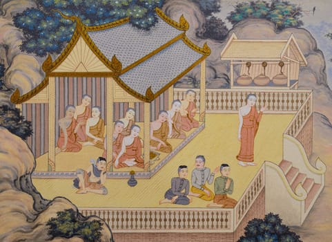 Buddhist temple mural painting in Chiang Rai, Thailand