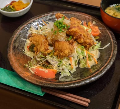 Chicken Karaage set meal with soup, japanese food