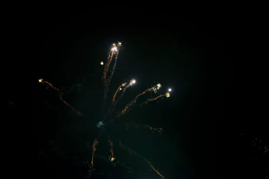 Fireworks on the dark nightly sky with smoke
