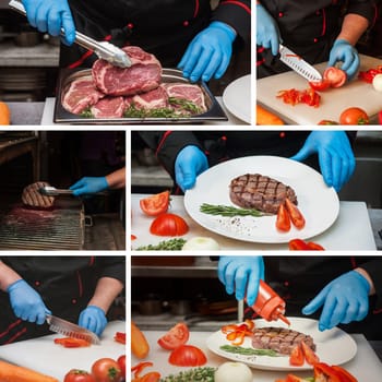 Set photos of Chef preparing meat steak